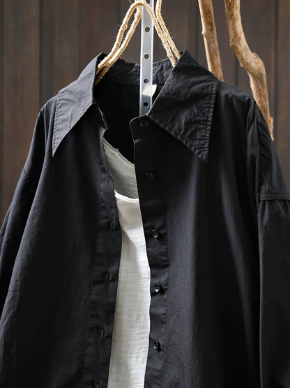 Women Autumn Pure Color Turn-down Collar 100%Cotton Shirt