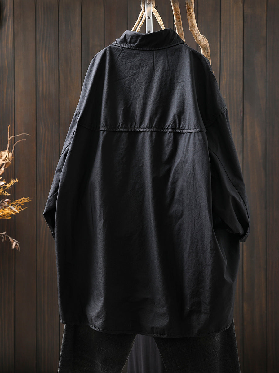 Women Autumn Pure Color Turn-down Collar 100%Cotton Shirt