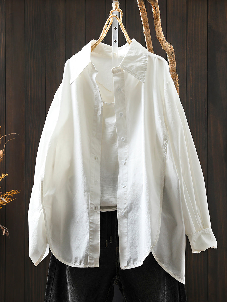 Women Autumn Pure Color Turn-down Collar 100%Cotton Shirt