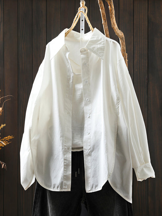 Women Autumn Pure Color Turn-down Collar 100%Cotton Shirt