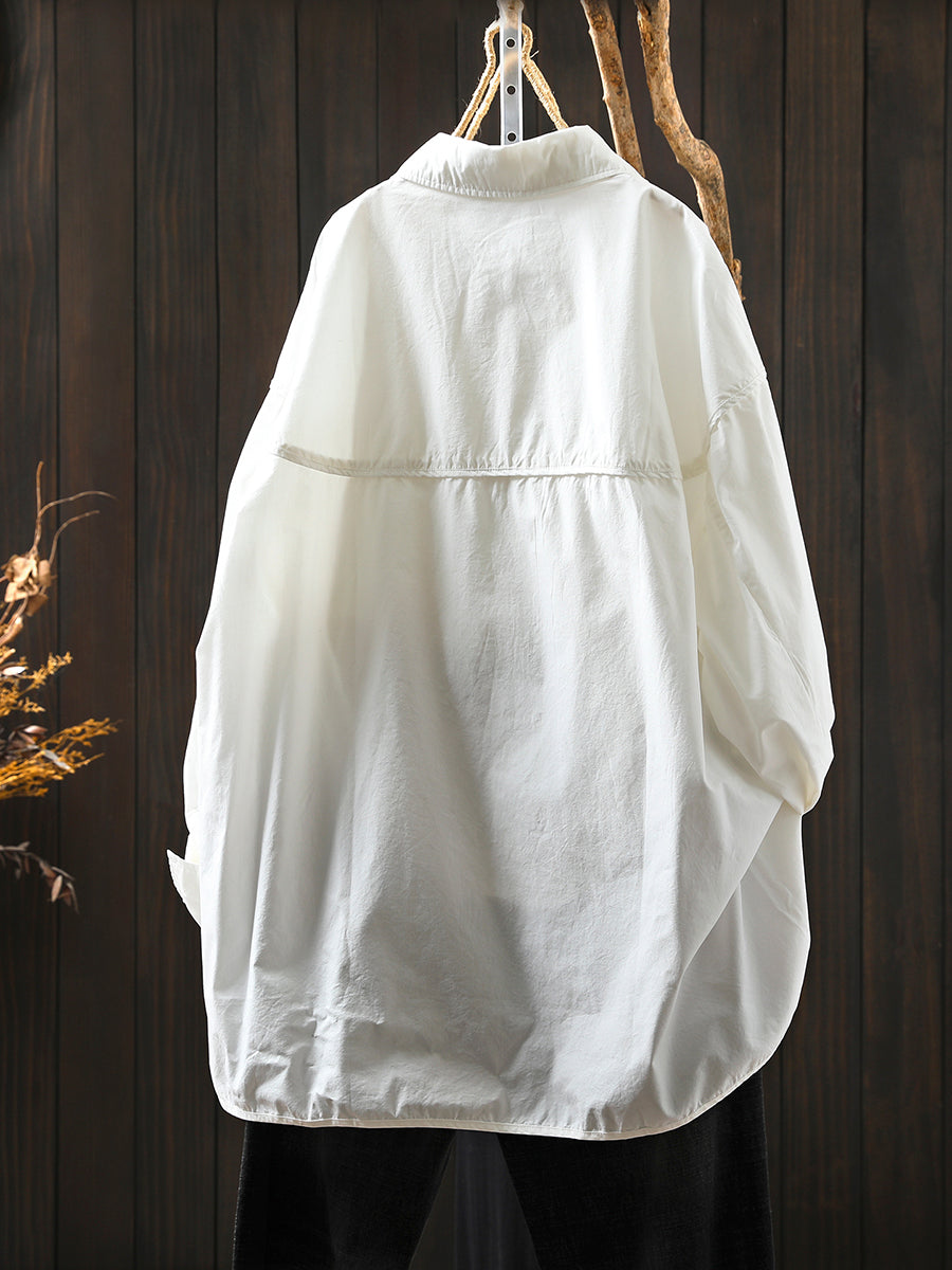 Women Autumn Pure Color Turn-down Collar 100%Cotton Shirt