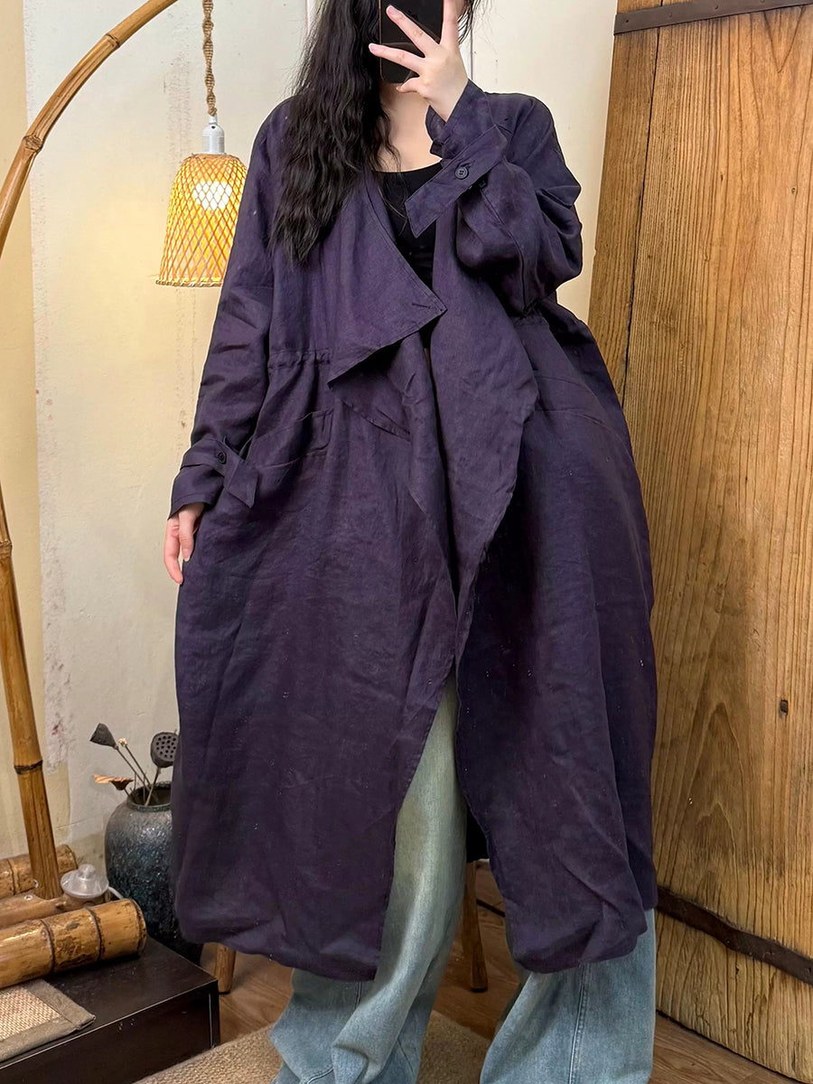 Women Autumn Casual Pure Color Linen Trench Coat