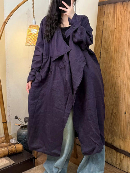 Women Autumn Casual Pure Color Linen Trench Coat