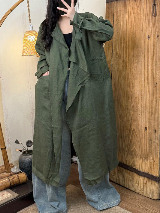 Women Autumn Casual Pure Color Linen Trench Coat
