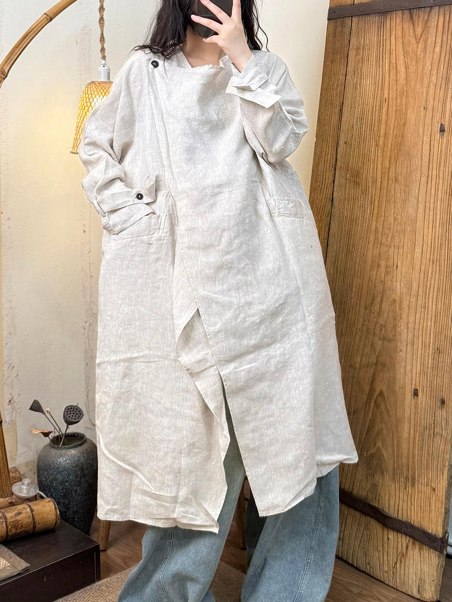 Women Autumn Casual Pure Color Linen Trench Coat