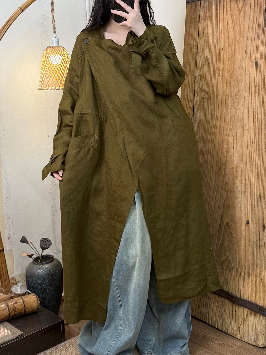 Women Autumn Casual Pure Color Linen Trench Coat