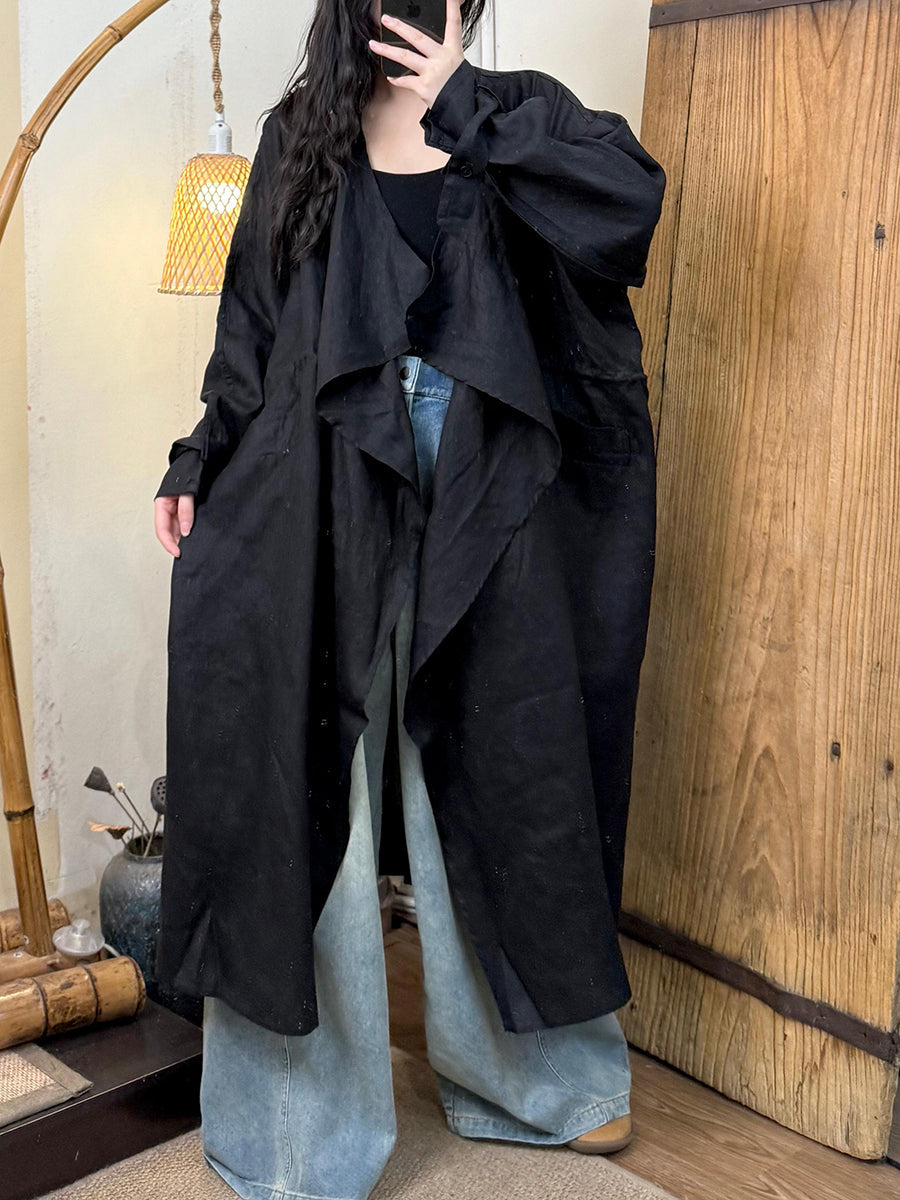 Women Autumn Casual Pure Color Linen Trench Coat