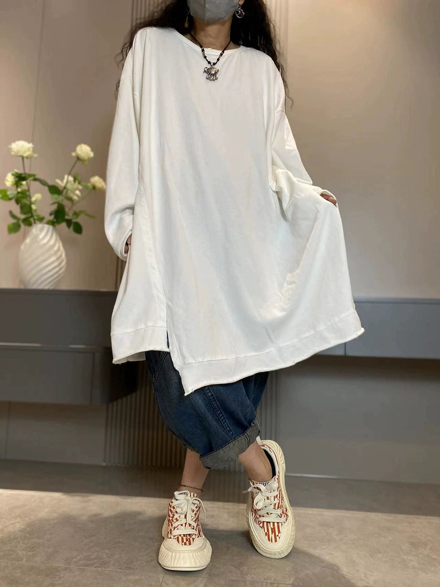 Women Casual Autumn Pure Color O-Neck Cotton Long Shirt