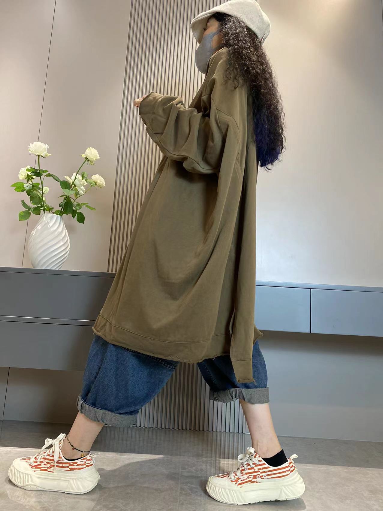 Women Casual Autumn Pure Color O-Neck Cotton Long Shirt