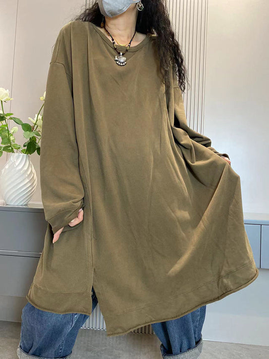 Women Casual Autumn Pure Color O-Neck Cotton Long Shirt