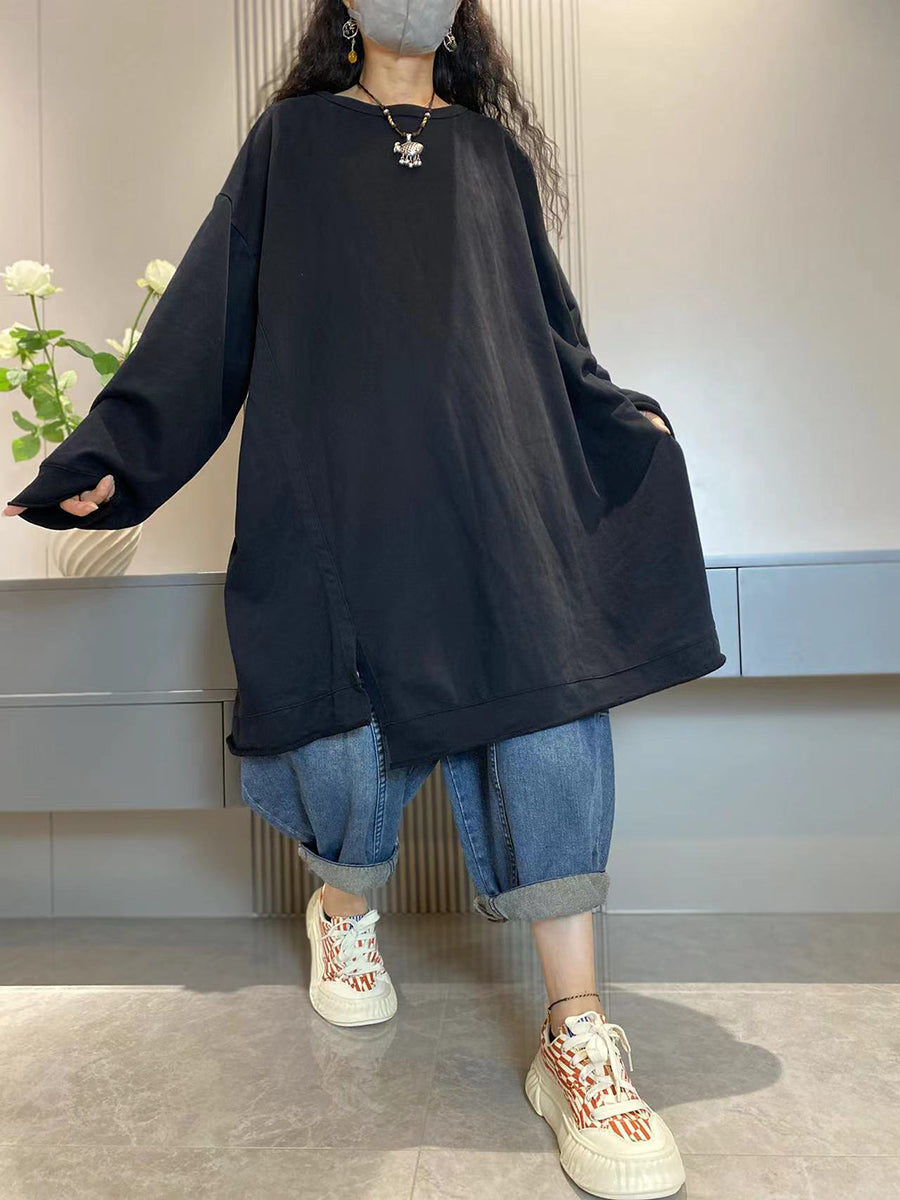 Women Casual Autumn Pure Color O-Neck Cotton Long Shirt