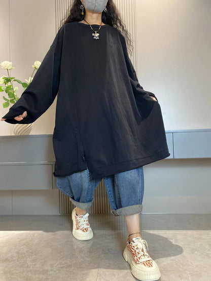 Women Casual Autumn Pure Color O-Neck Cotton Long Shirt