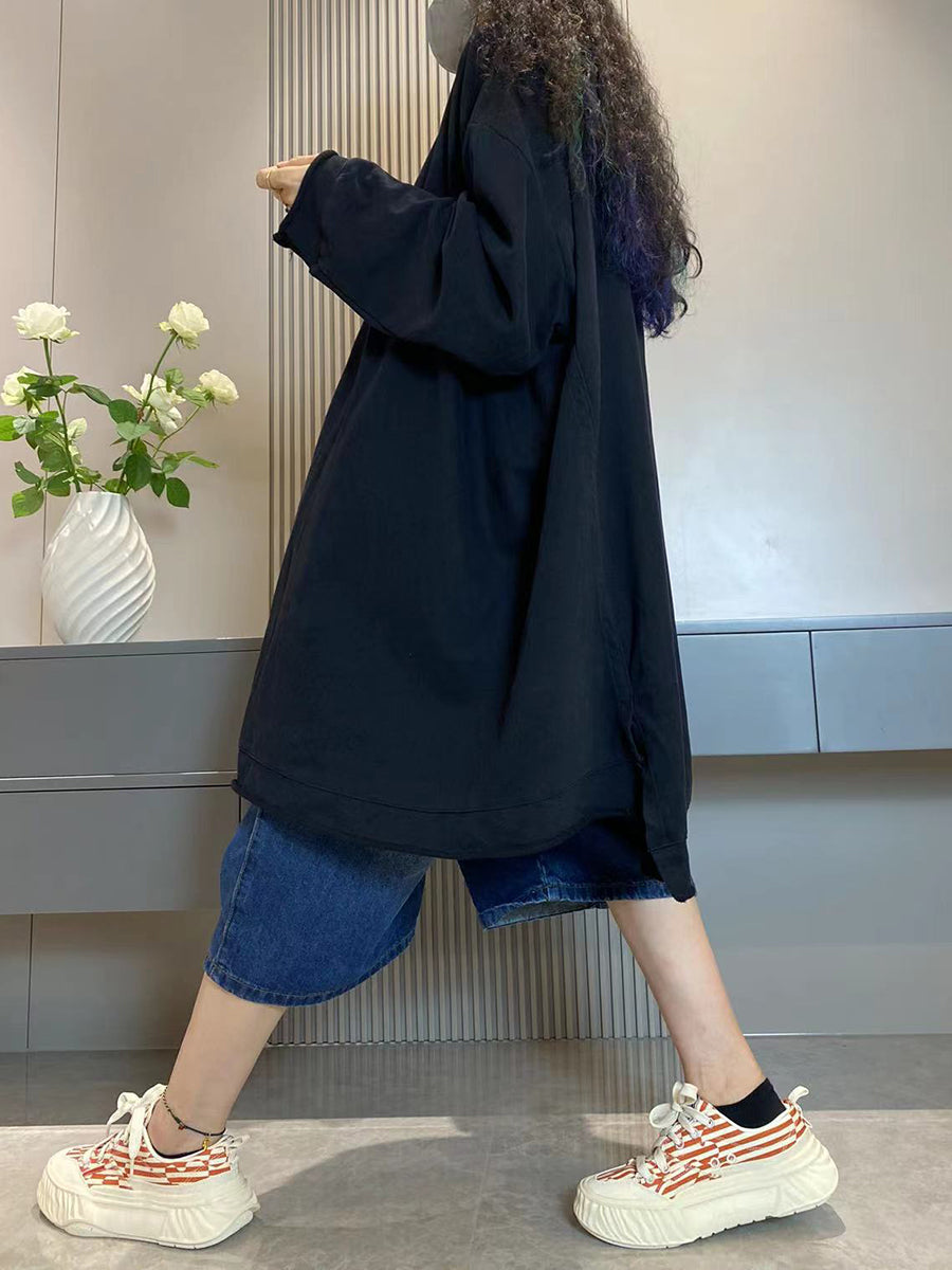 Women Casual Autumn Pure Color O-Neck Cotton Long Shirt