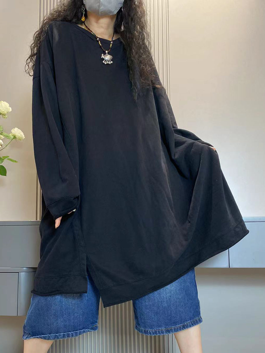 Women Casual Autumn Pure Color O-Neck Cotton Long Shirt