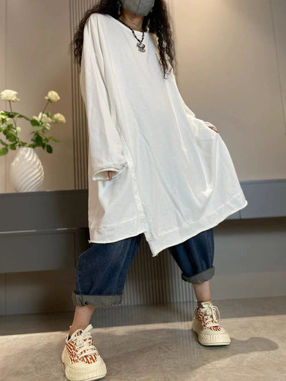 Women Casual Autumn Pure Color O-Neck Cotton Long Shirt