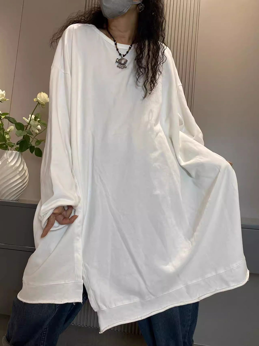 Women Casual Autumn Pure Color O-Neck Cotton Long Shirt