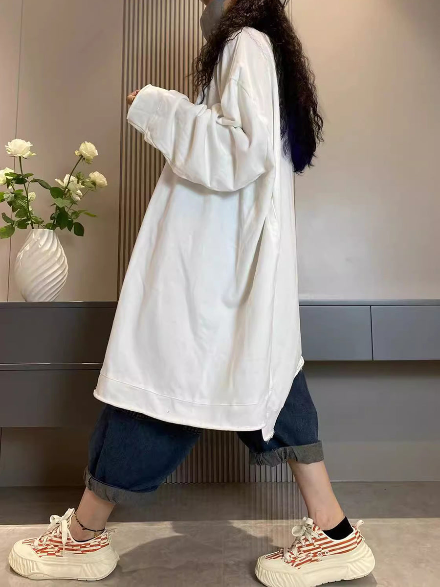 Women Casual Autumn Pure Color O-Neck Cotton Long Shirt
