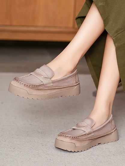 Women Autumn Retro Genuine Leather Platform Shoes