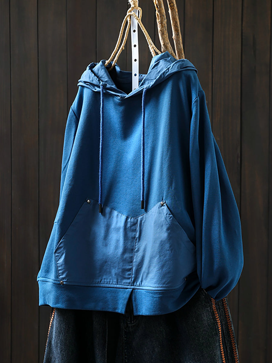 Women Retro Autumn Pure Color 100%Cotton Hoodie