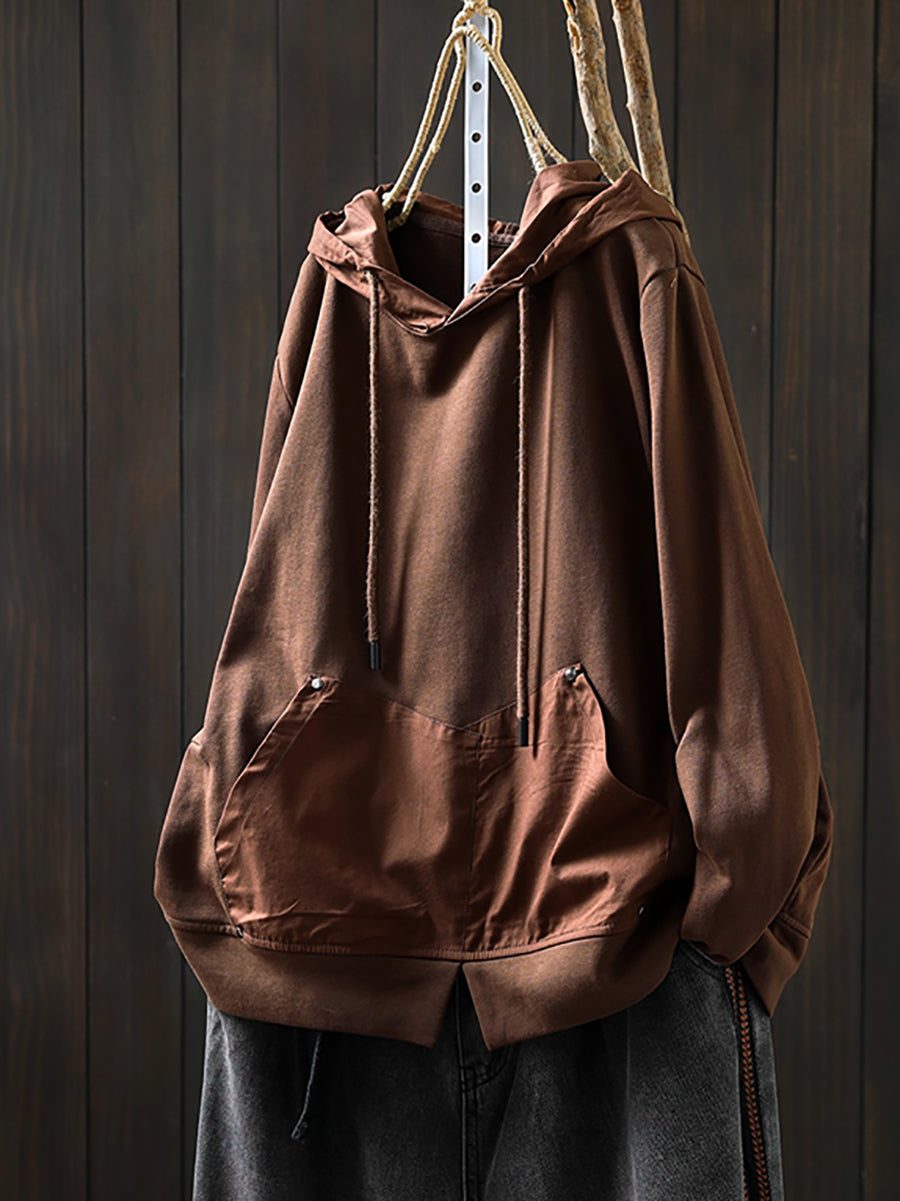 Women Retro Autumn Pure Color 100%Cotton Hoodie