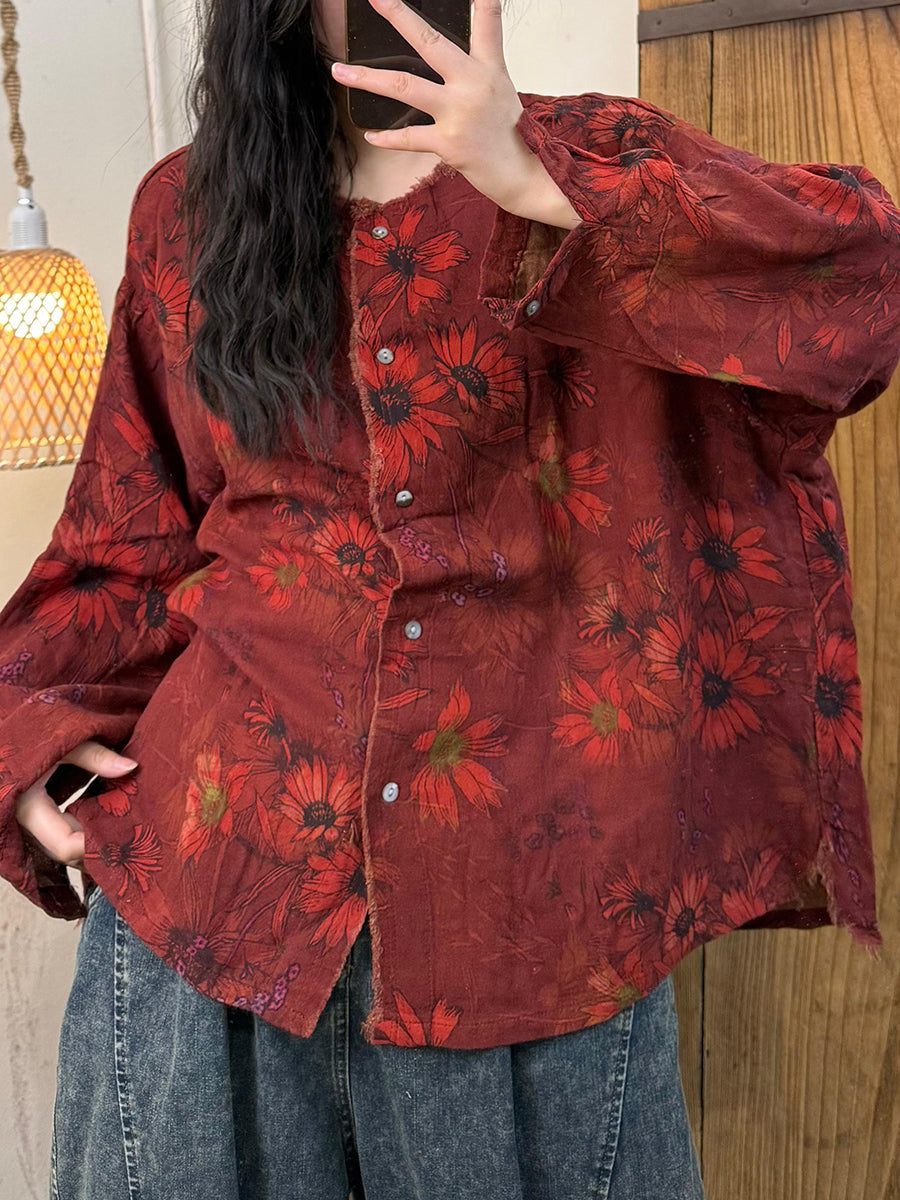 Women Autumn Vintage Flower O-Neck Cotton Coat