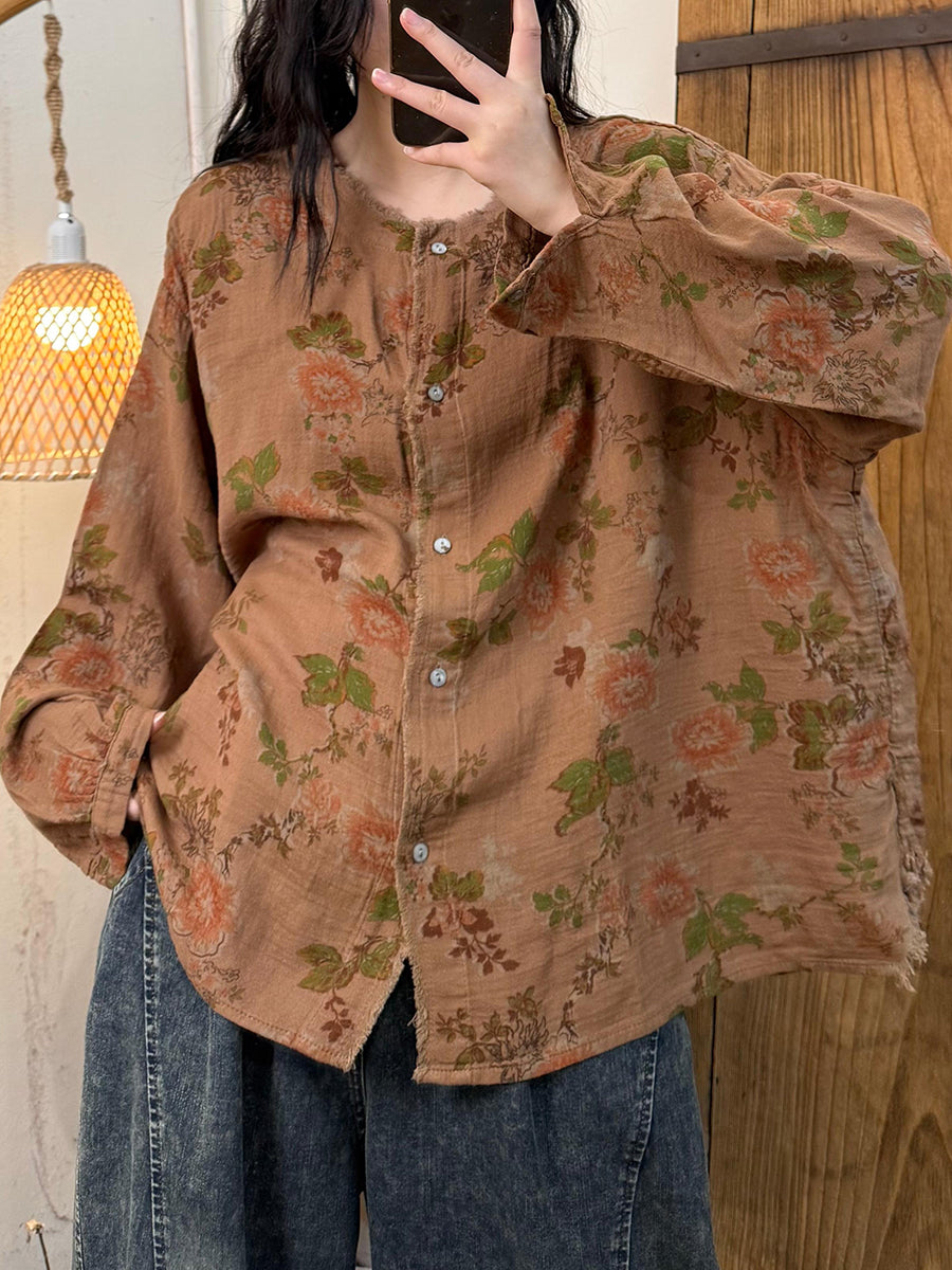Women Autumn Vintage Flower O-Neck Cotton Coat