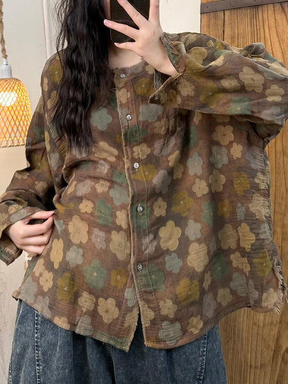 Women Autumn Vintage Flower O-Neck Cotton Coat