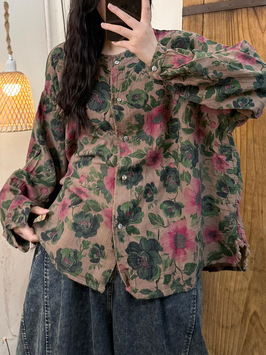 Women Autumn Vintage Flower O-Neck Cotton Coat