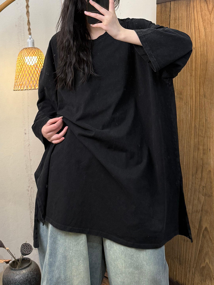 Women Autumn Casual Pure Color Cotton O-Neck Shirt