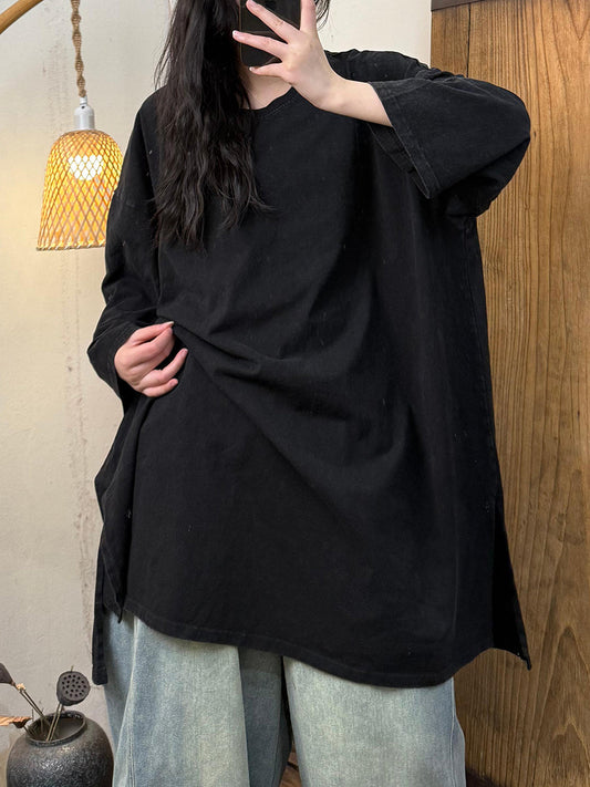 Women Autumn Casual Pure Color Cotton O-Neck Shirt