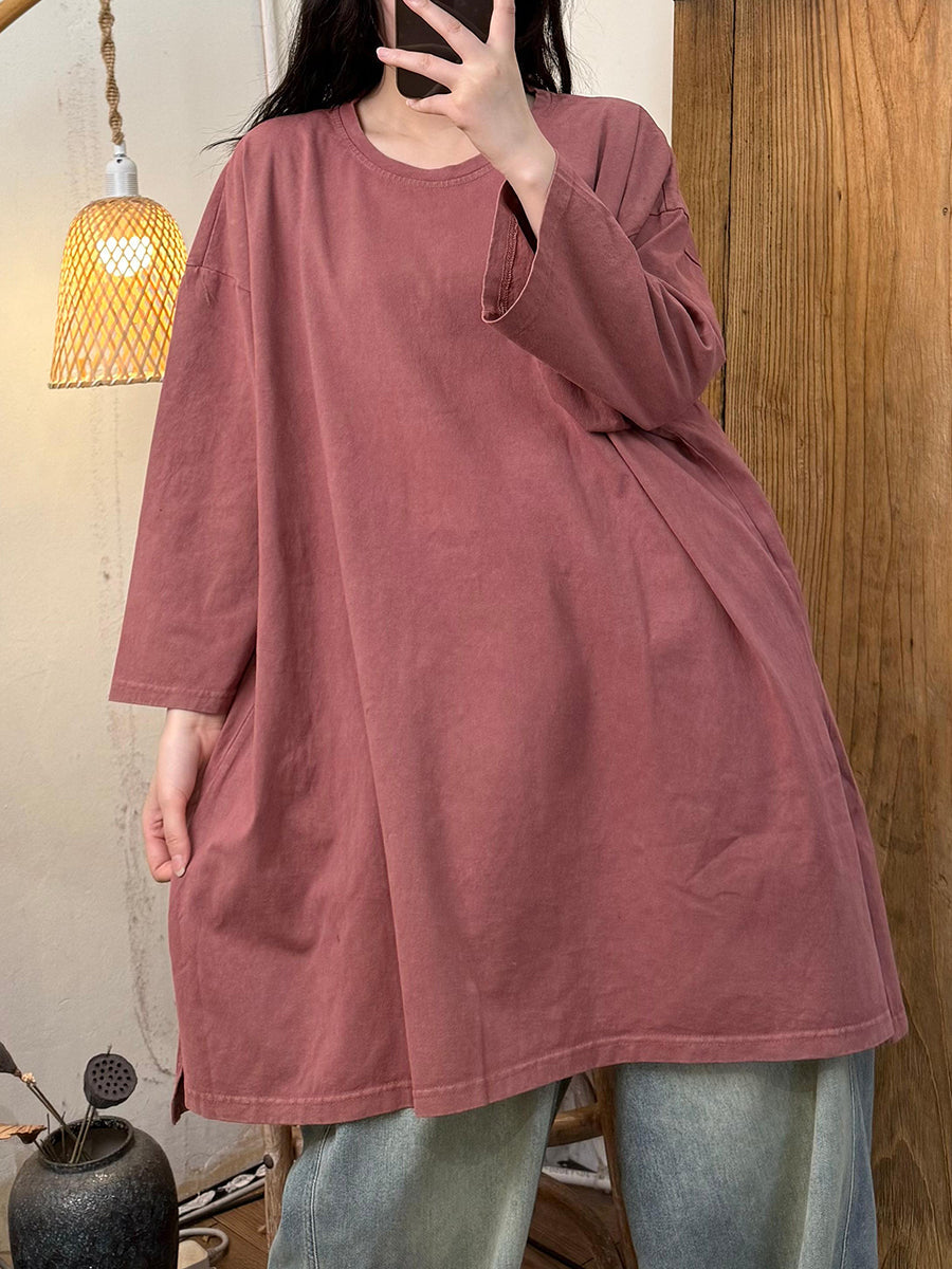 Women Autumn Casual Pure Color Cotton O-Neck Shirt