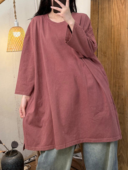 Women Autumn Casual Pure Color Cotton O-Neck Shirt