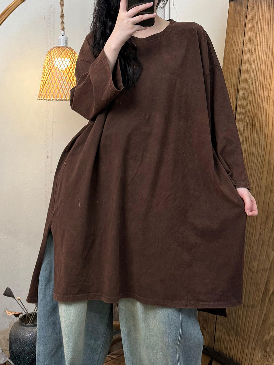 Women Autumn Casual Pure Color Cotton O-Neck Shirt