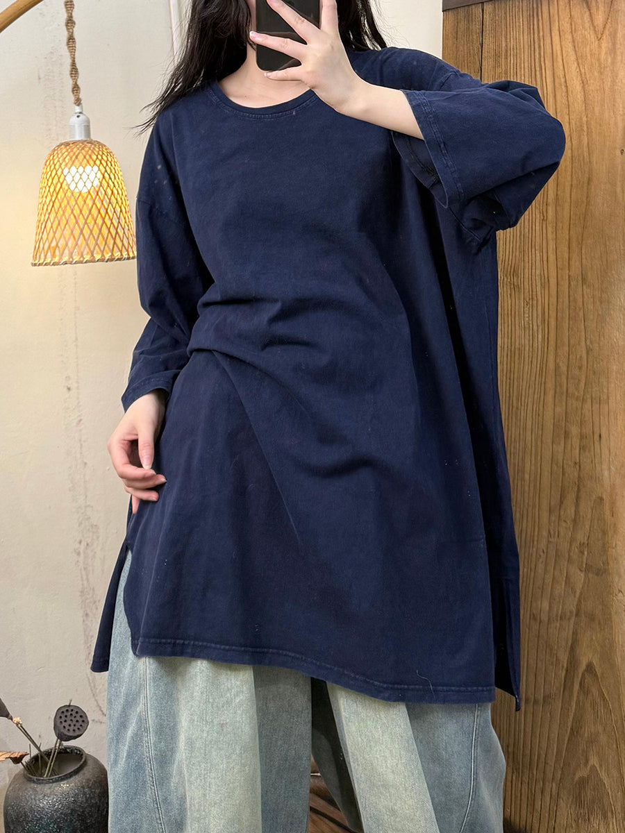 Women Autumn Casual Pure Color Cotton O-Neck Shirt