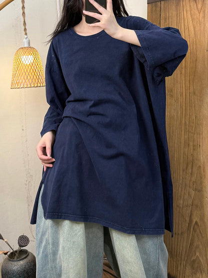 Women Autumn Casual Pure Color Cotton O-Neck Shirt