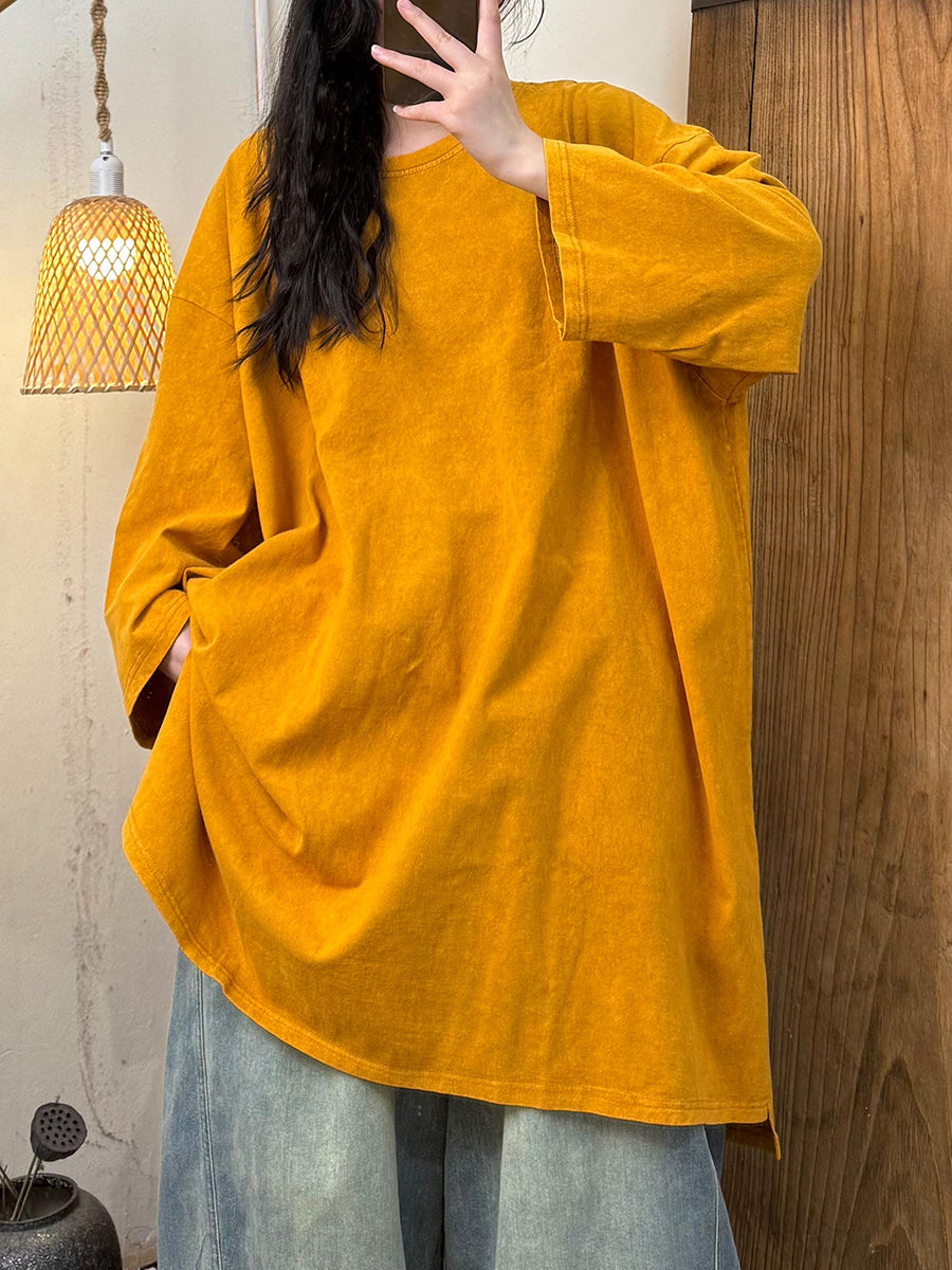 Women Autumn Casual Pure Color Cotton O-Neck Shirt