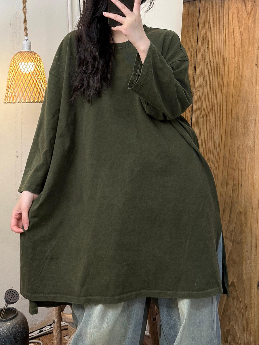 Women Autumn Casual Pure Color Cotton O-Neck Shirt