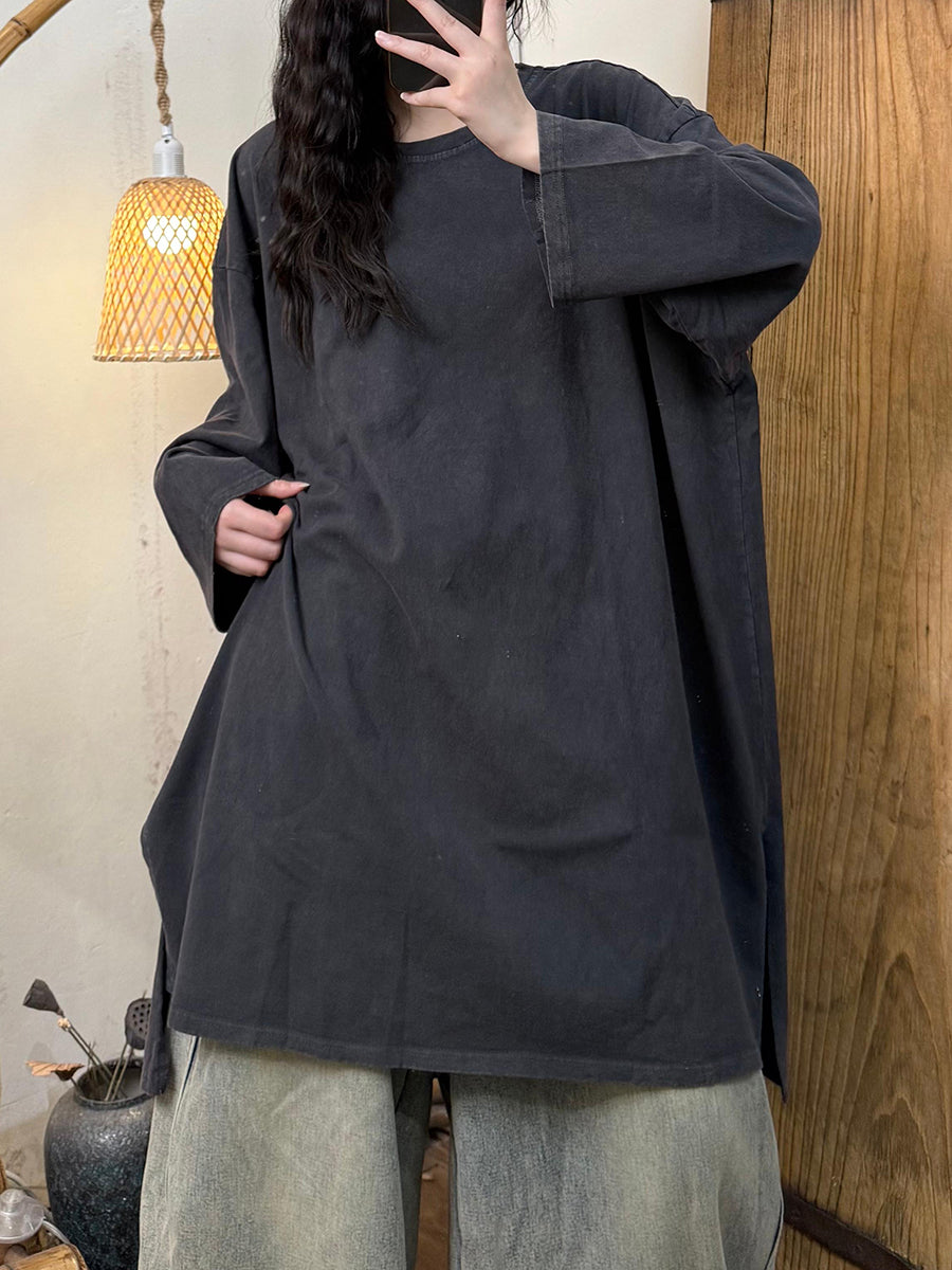 Women Autumn Casual Pure Color Cotton O-Neck Shirt