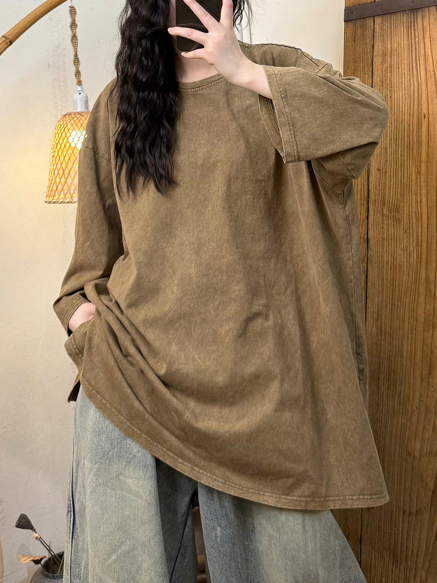 Women Autumn Casual Pure Color Cotton O-Neck Shirt