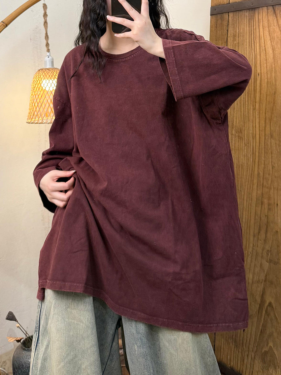 Women Autumn Casual Pure Color Cotton O-Neck Shirt