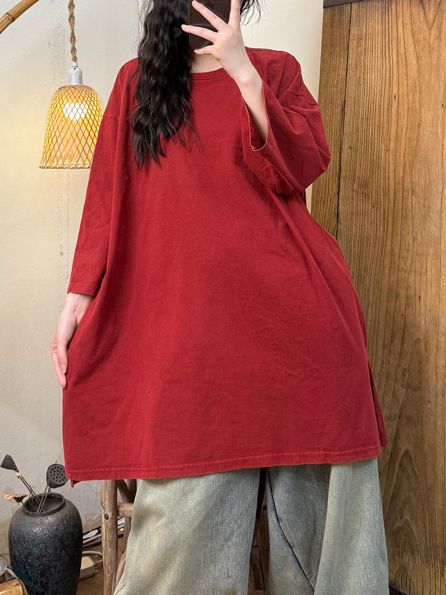 Women Autumn Casual Pure Color Cotton O-Neck Shirt