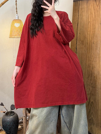 Women Autumn Casual Pure Color Cotton O-Neck Shirt
