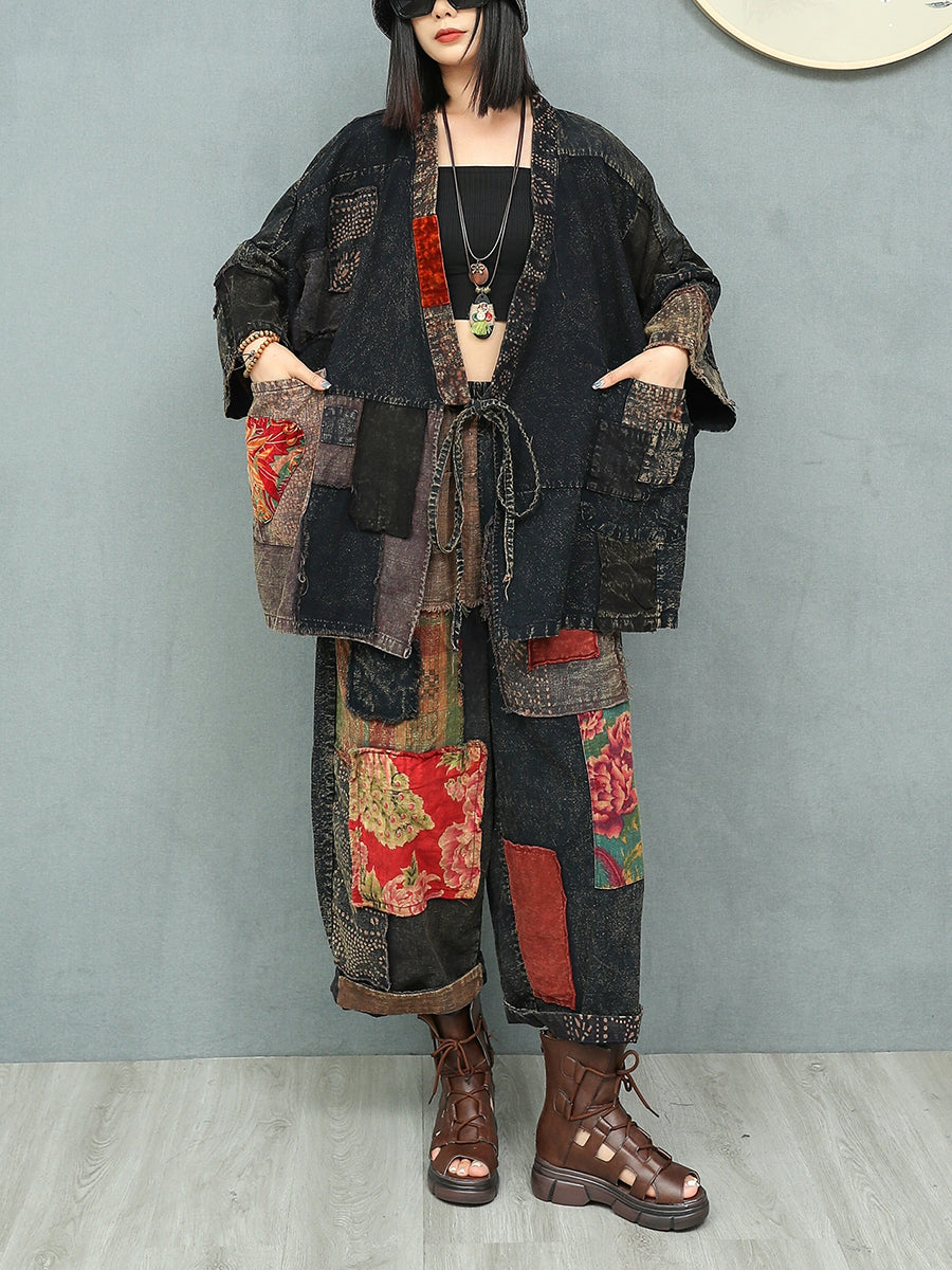 Women Autumn Ethnic Patchwork V-Neck Loose Cotton Suits