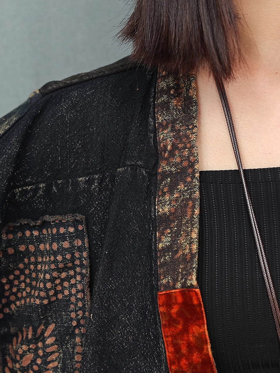 Women Autumn Ethnic Patchwork V-Neck Loose Cotton Suits