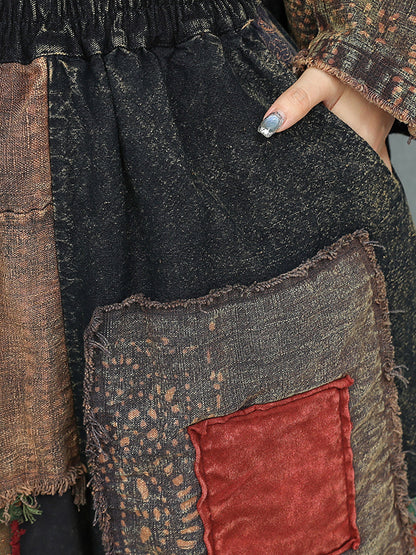 Women Autumn Ethnic Patchwork V-Neck Loose Cotton Suits