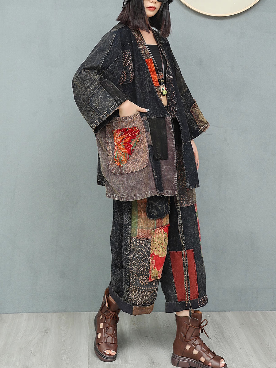 Women Autumn Ethnic Patchwork V-Neck Loose Cotton Suits