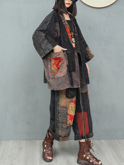 Women Autumn Ethnic Patchwork V-Neck Loose Cotton Suits