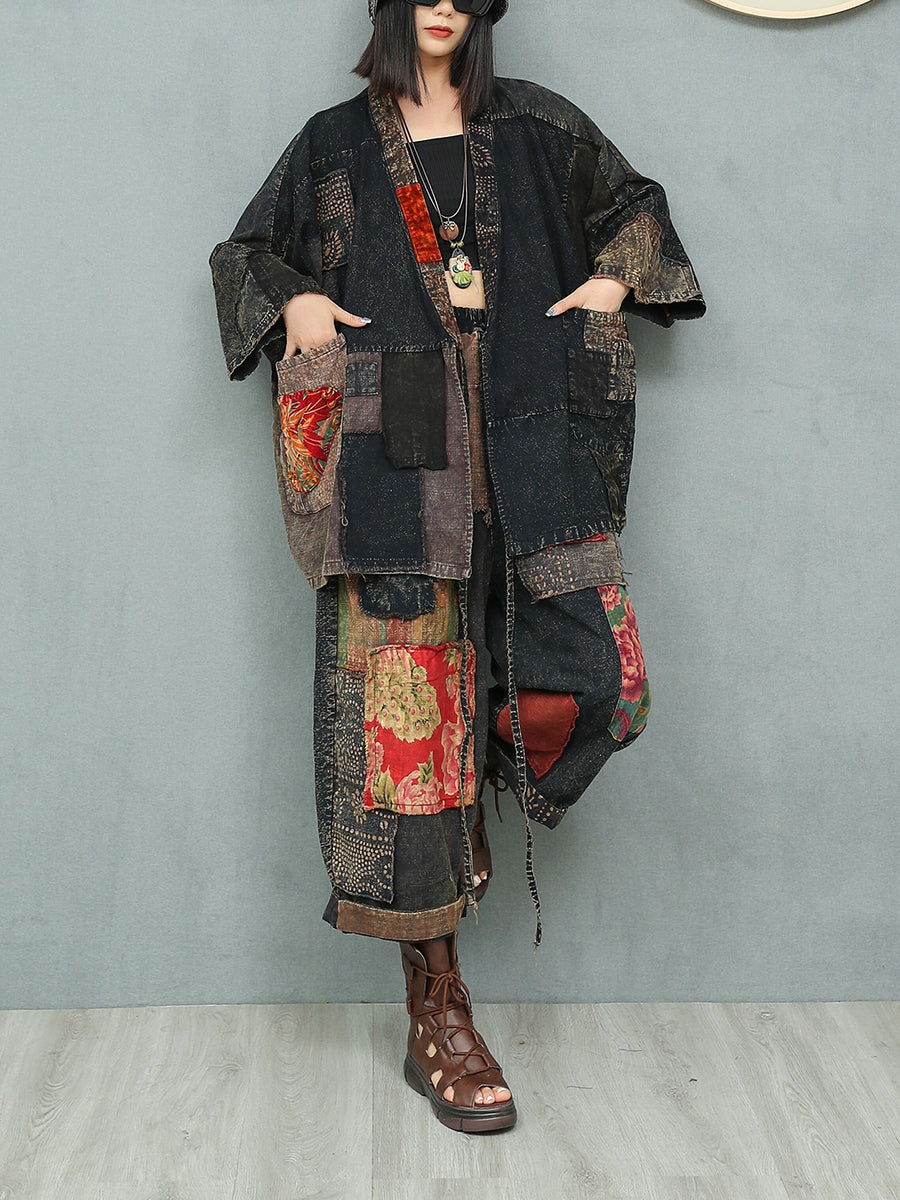 Women Autumn Ethnic Patchwork V-Neck Loose Cotton Suits