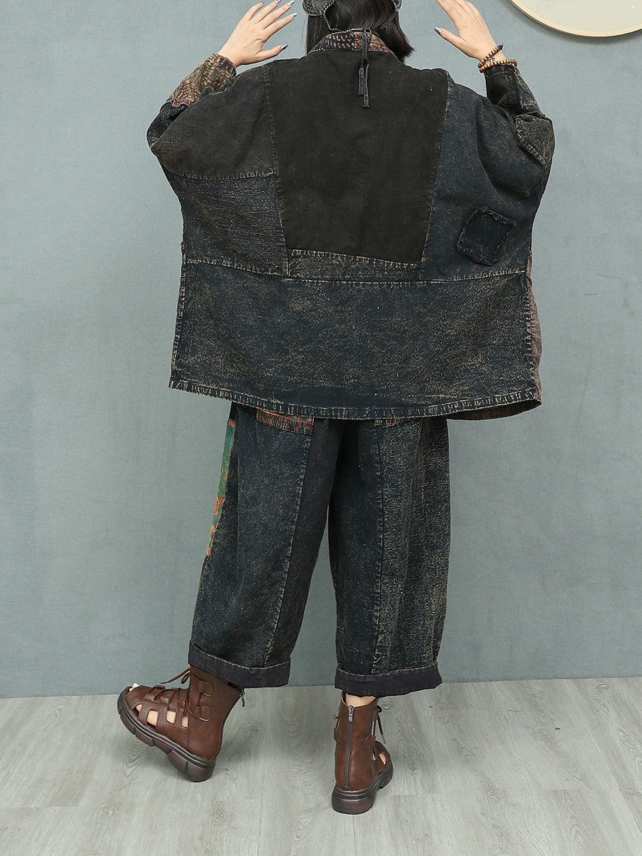 Women Autumn Ethnic Patchwork V-Neck Loose Cotton Suits