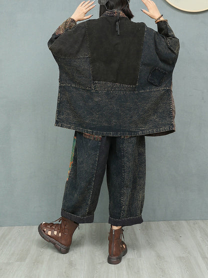 Women Autumn Ethnic Patchwork V-Neck Loose Cotton Suits